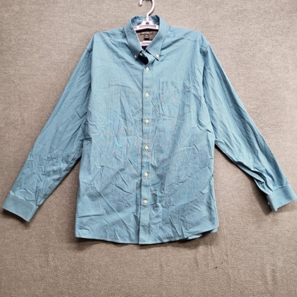 Eddie Bauer Men Button Up Shirt Large Blue Gingham Plaid Classic Fit Long Sleeve
